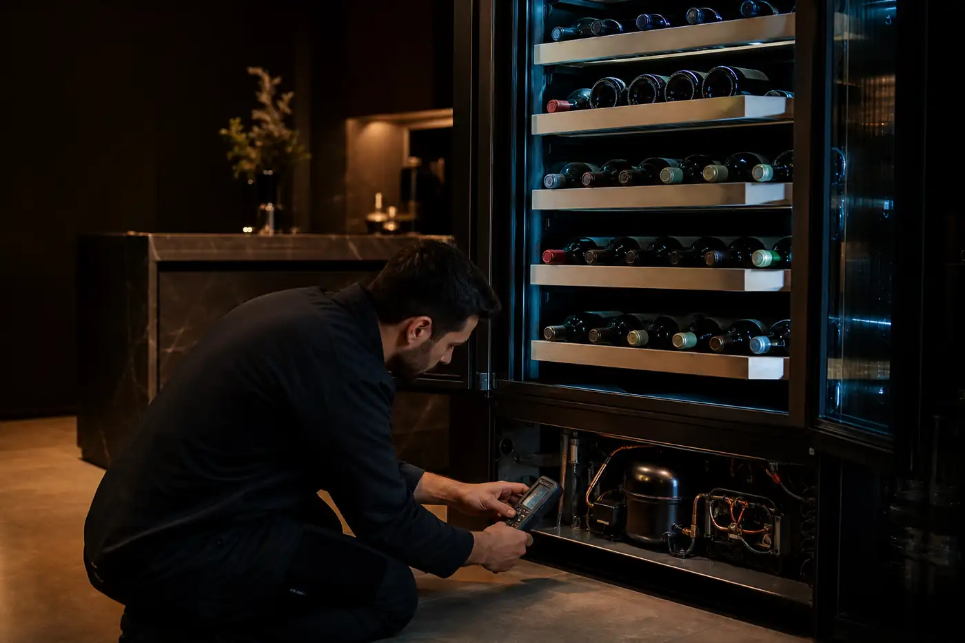 Técnico reparando una cava de vino